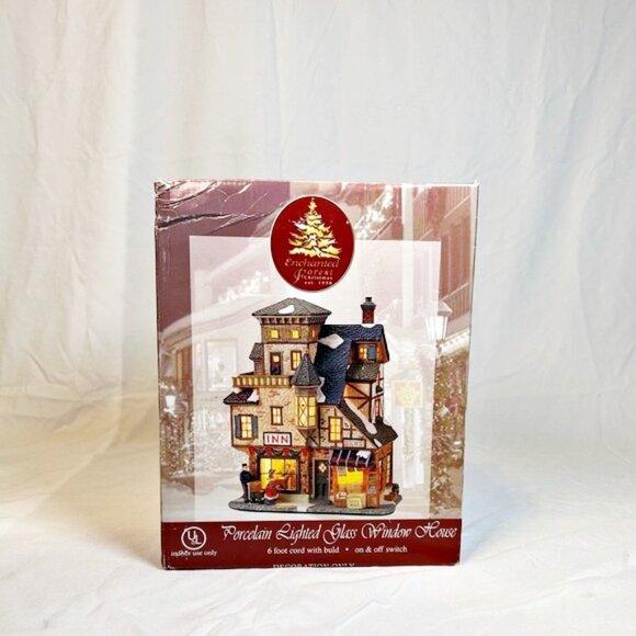 Vintage Lemax Enchanted Forest Christmas Porcelain Lighted Inn/News Glass House - Picture 9 of 10